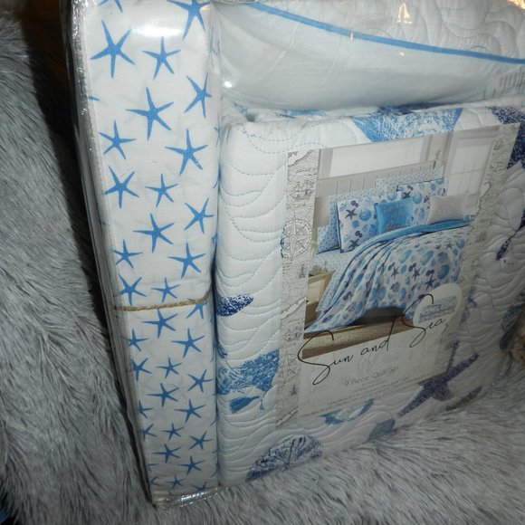 Sun & Sea 9 Pc Quilt Bedding Set Ocean Seashells Coastal King Blue/White NEW/NEW - Picture 11 of 14